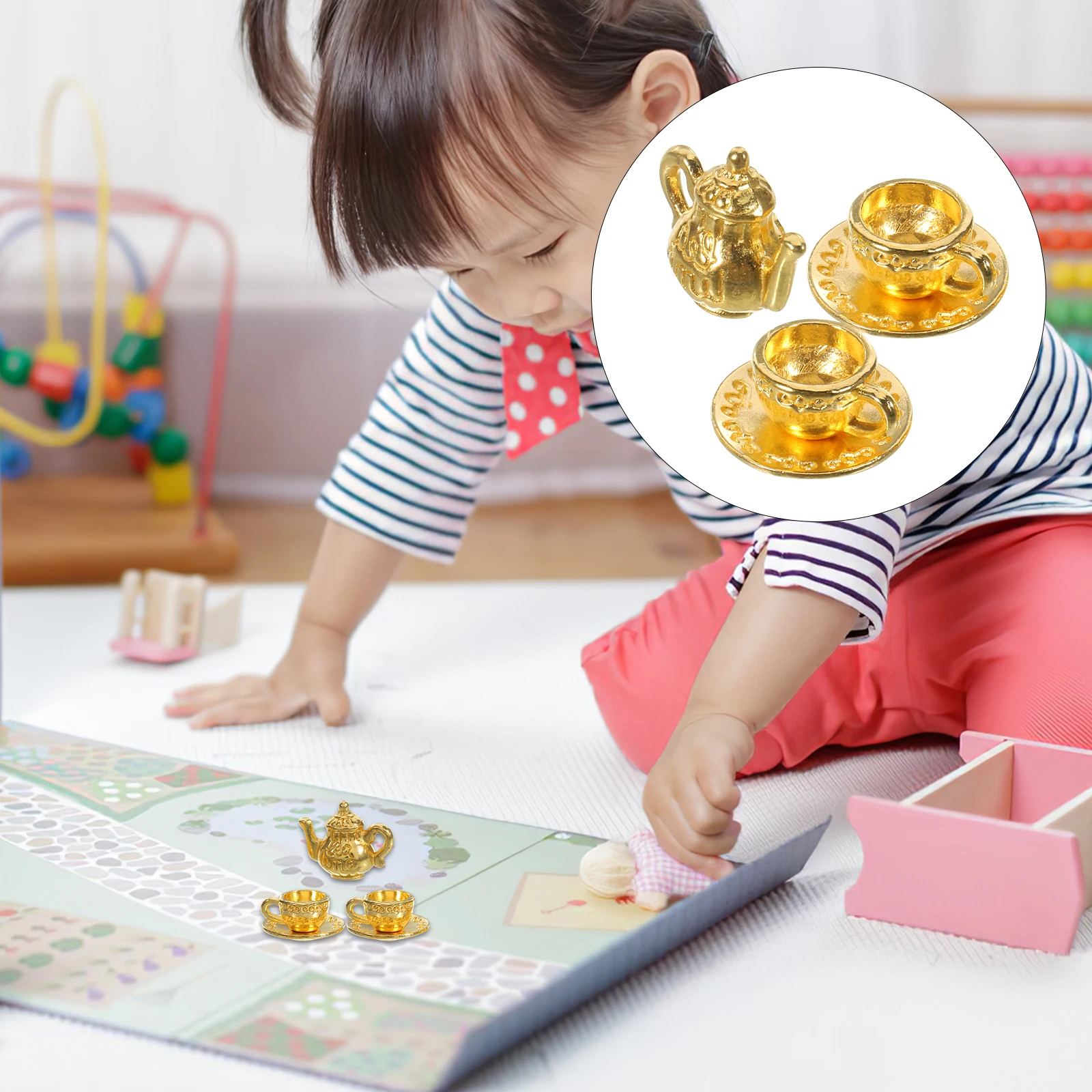 

Mini Teapot Set 3 Pieces Silver Metallic Miniature Kitchen Accessories Desk nament Decorative Teaware Reusable Zinc Alloy