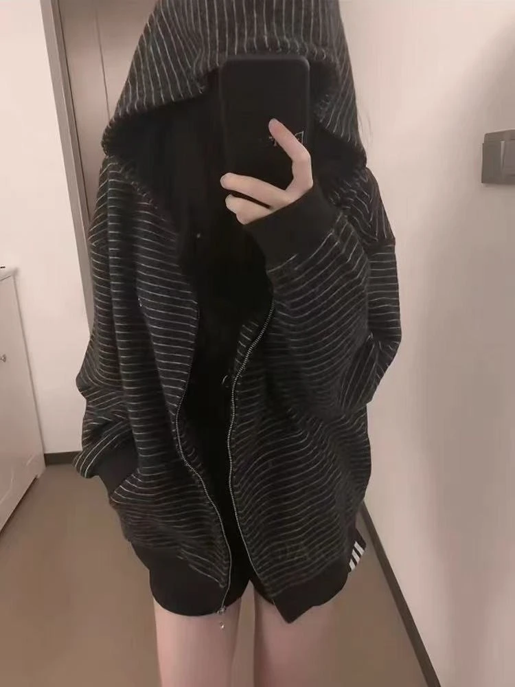 2000S American Vintage Striped Loose Long Sleeve Hooded Sweatshirt Y2k Subculture Casual Zip Up Hooded Cardigan Harajuku Coats