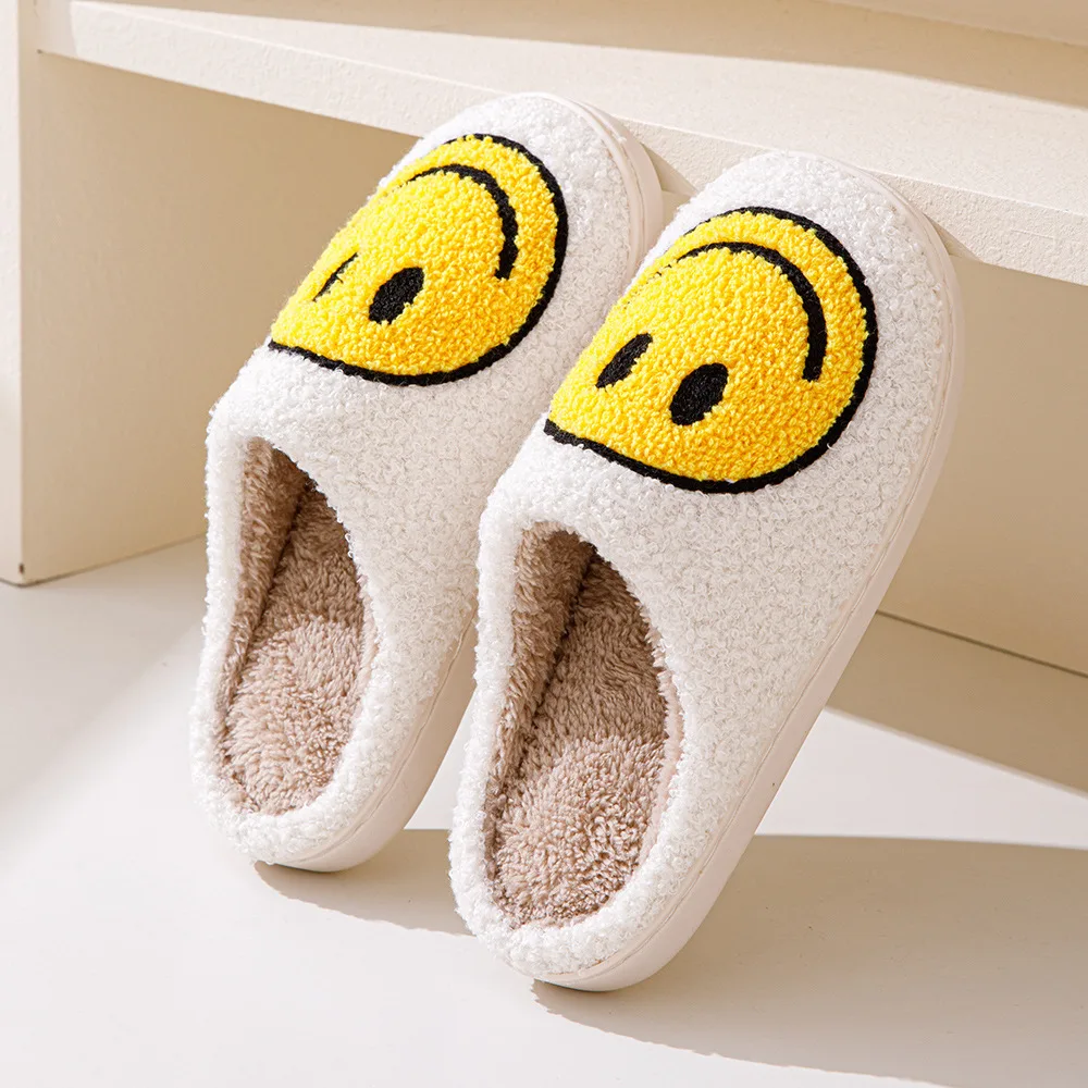 Smiley face cotton slippers for women in winter plus velvet thick-soled home warm confinement shoes indoor non-slip couple plush