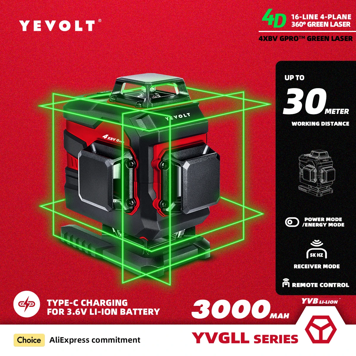 

YEVOLT YVGLL4XS16 Series Green Laser Level 4-Plane 16-Line Self-leveling 360 4D Horizontal & Vertical 3.6V 3Ah Power Measuring