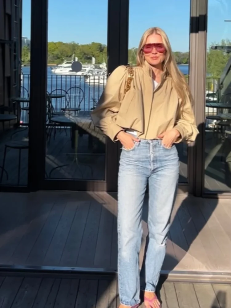 Casual Short Jackets Women Lantern Sleeve Loose Stand Collar Single Breasted Solid Coats 2025 Autumn Chic Street Outwears Lady