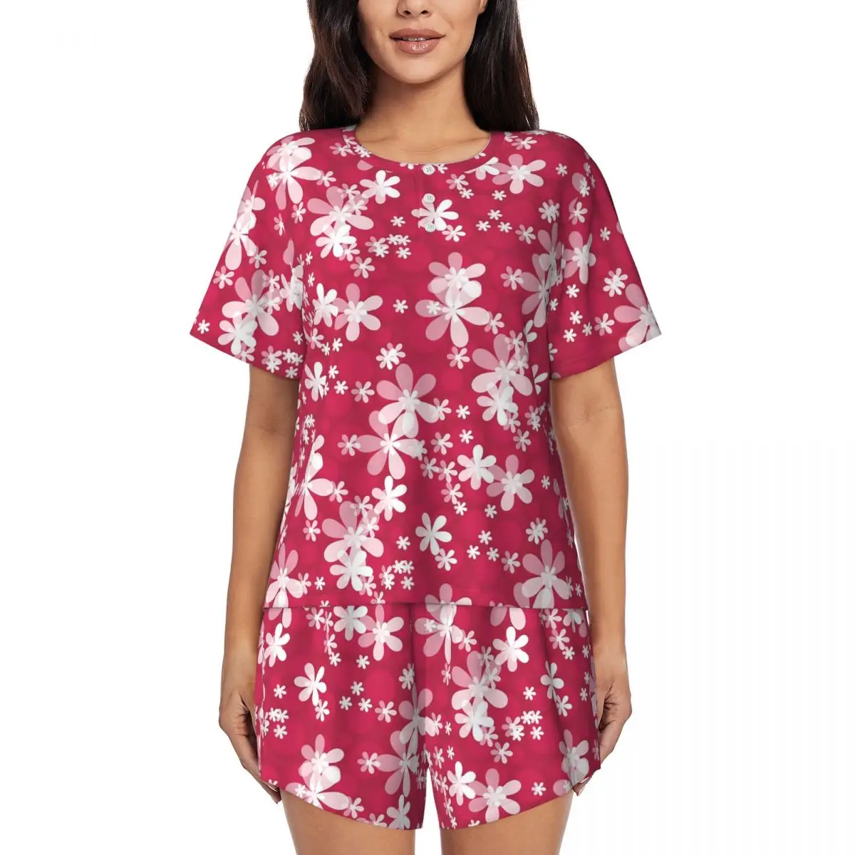 Retro Flower Pajamas Lady White Daisies Soft Sleepwear Summer Short Sleeve 2 Pieces Sleep O Neck Graphic Pajama Sets