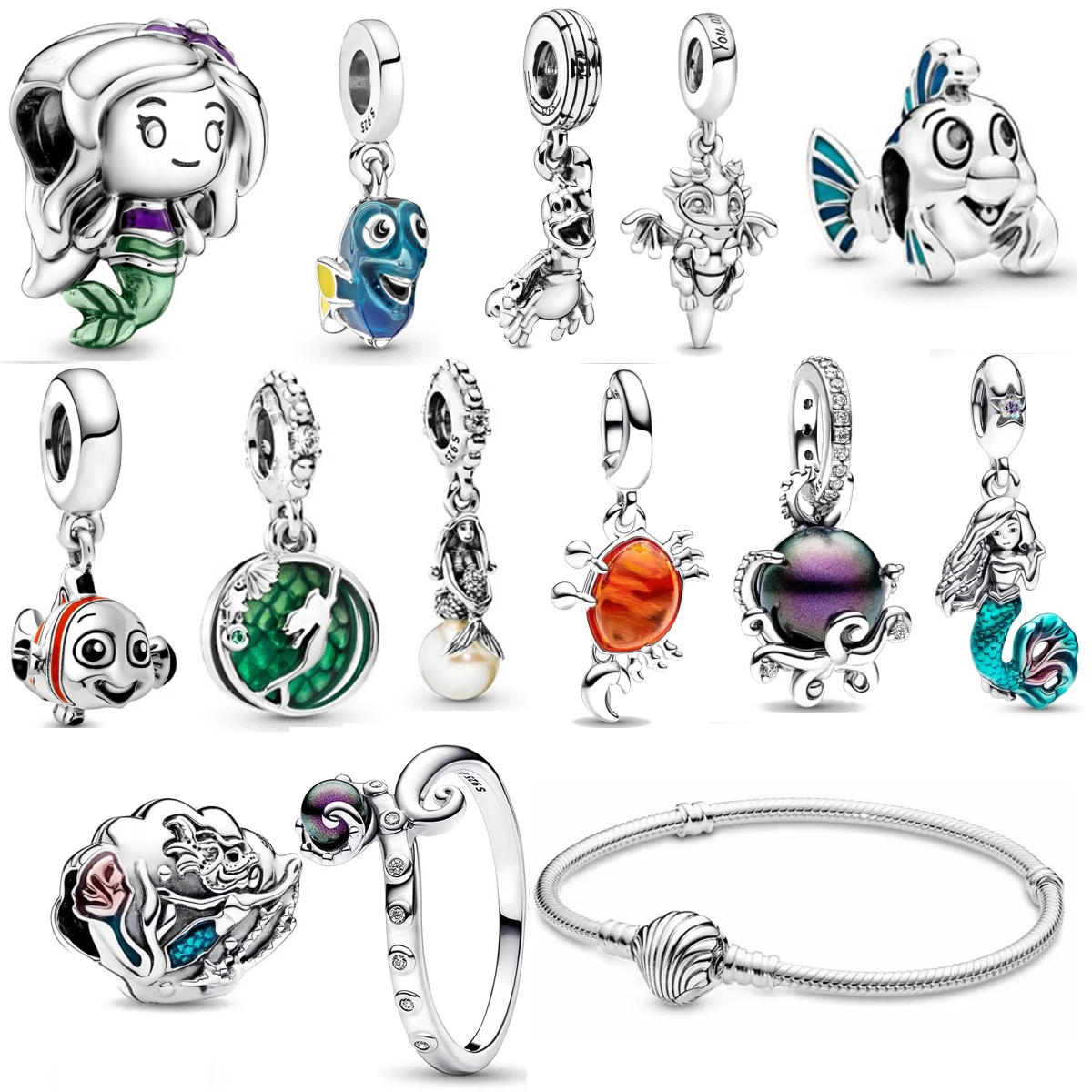 

Miniso Disney, стерлинговое серебро 925 пробы, подвеска «сделай сам», подходит для оригинального браслета, океанская рыба-клоун, осьминог, краб, кулон, подвеска-русалка, бусины, подарки