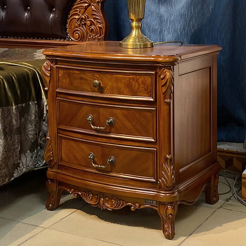 American country solid wood bedside table European retro carved bedside table Bedroom storage storage cabinet Bedside small