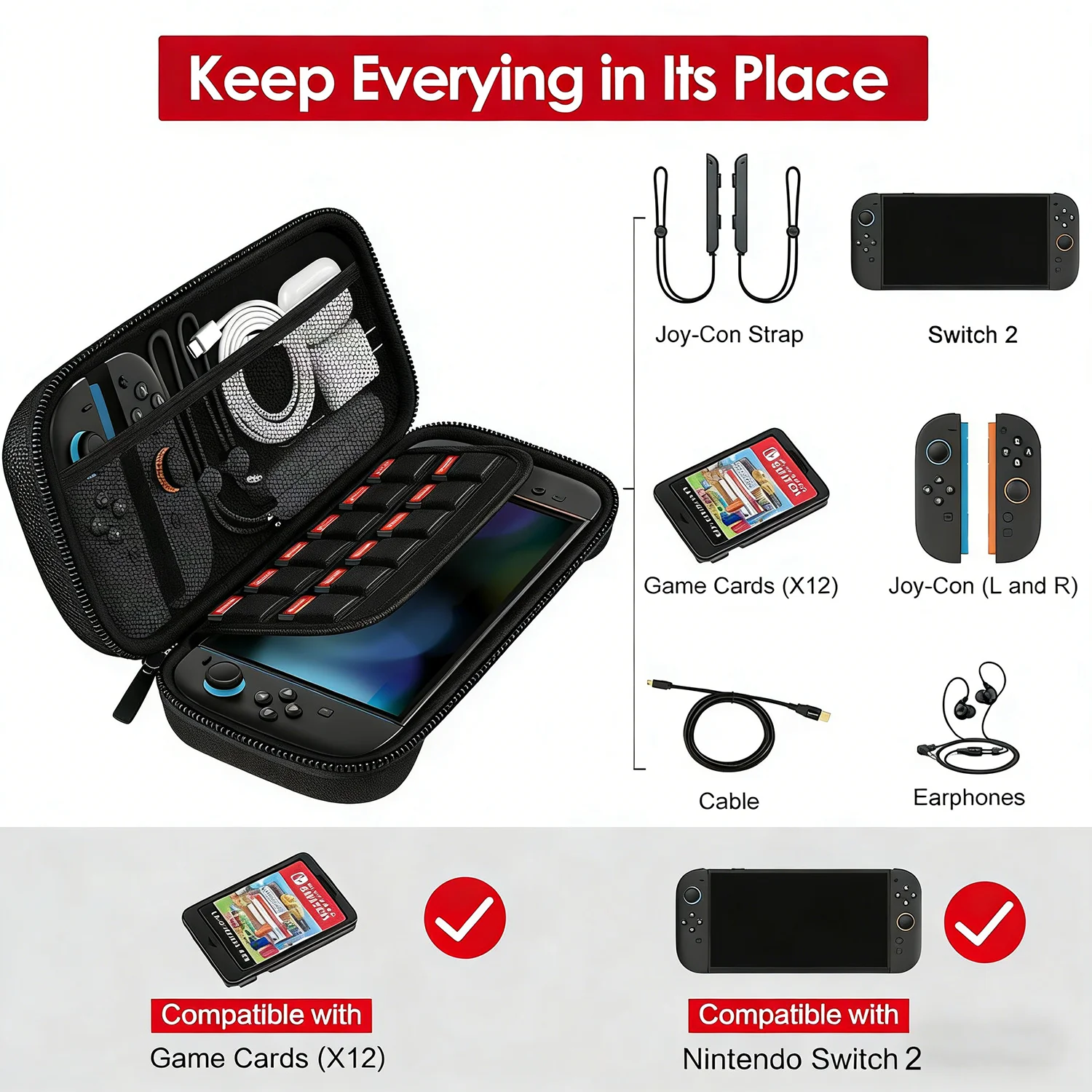 

Carrying Case for Nintendo Switch 2 (2025) – Hard Shell Travel Bag with 12 Game Cartridge Slots & Accessory Storage