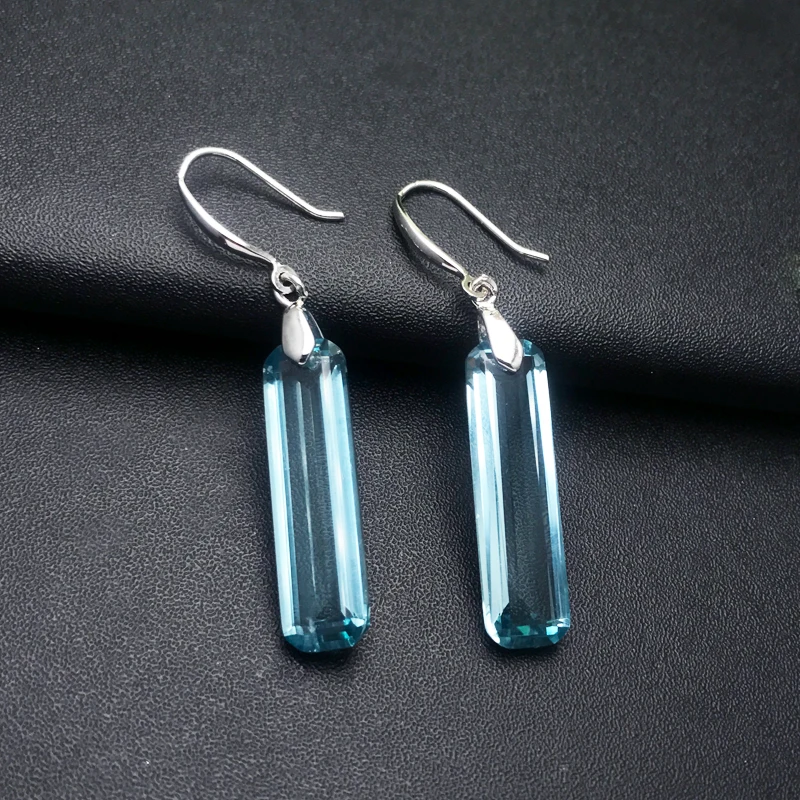 CSJ Elegant Aquamarine Dangle Earring Sterling 925 Silver Topaz Quartz Gemstone 9*23mm for Women Birthday Party Jewelry Gift