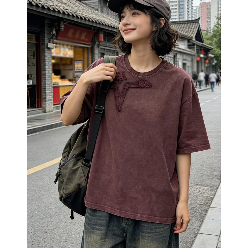 Masss Wasss 2026 Summer Vintage O Neck TShirts Ladies Korean Design Fashion Embroidery Tops Womens Classic Leisure Loose Clothes