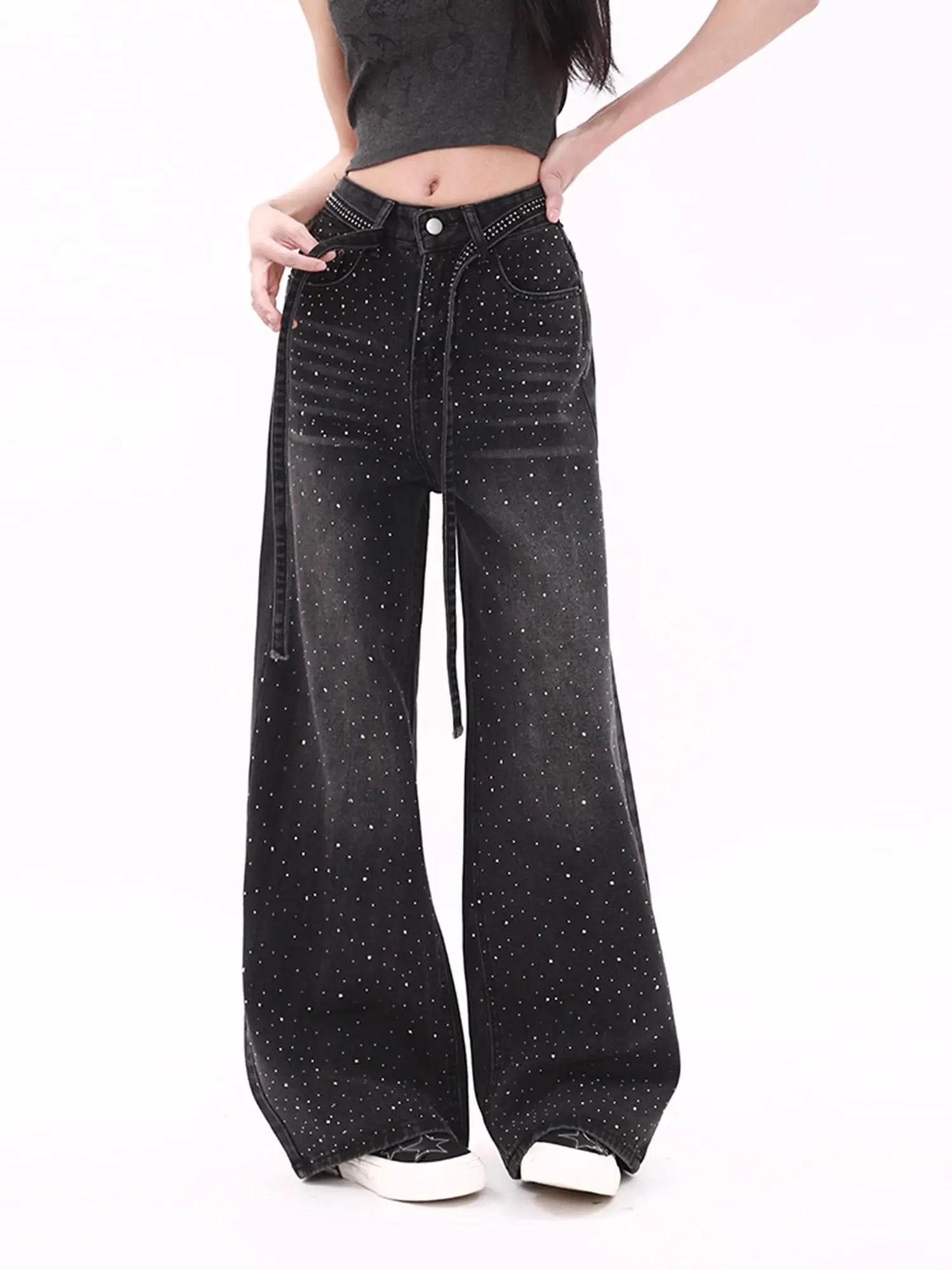 

Trendy Women Wide Leg Jeans Gothic Star Print Industrial Style Loose Fit Summer Pants Distressed Drilling Design