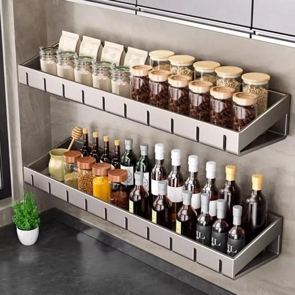 

Carbon Steel Spice Storage Rack Non-Punching Wall Mounted Condiment Rack Space Saving Detachable Toilet Shampoo Holder for Home