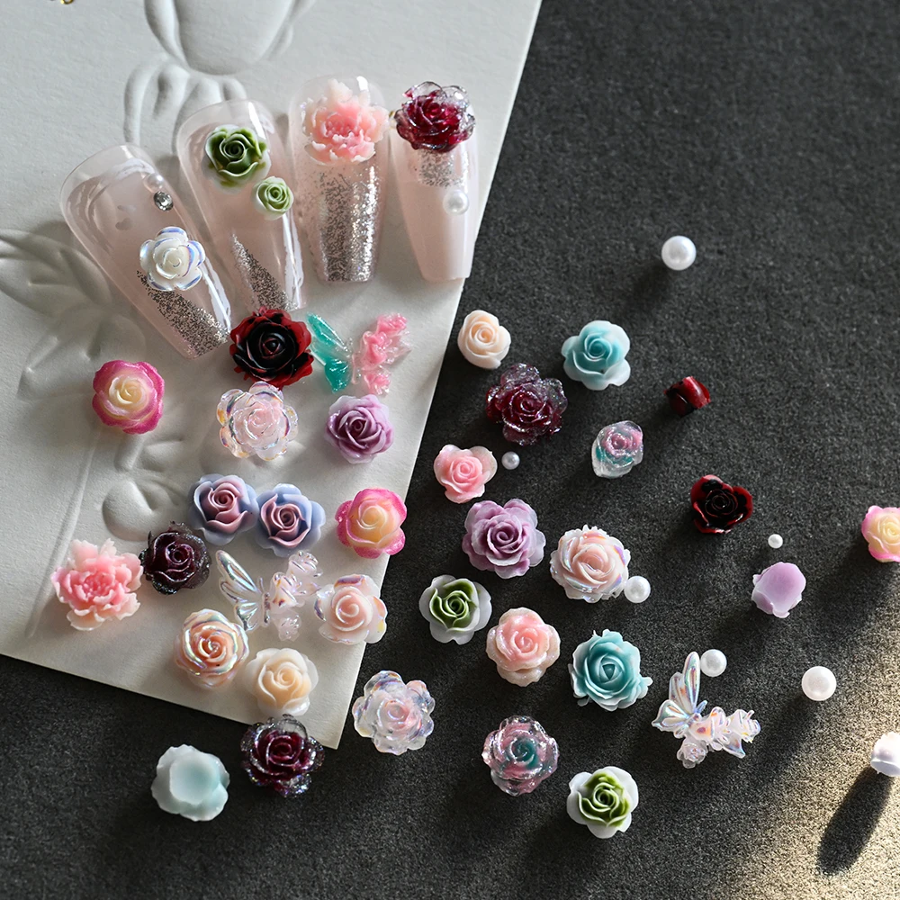 1Box Sweet Resin Peony Rose Flower Pearl Nail Charms 3D Colorful Gradient Carving Flowers Butterfly Nail Art Dec DIY Accessories