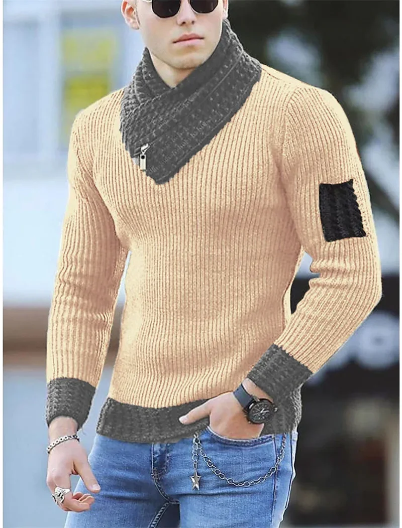 Suéter de cuello de bufanda para hombre, Jersey grueso de punto a rayas, ropa de abrigo informal con bloqueo de color, Otoño e Invierno