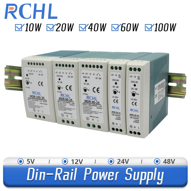 

RCHL MDR 48V/24V/12V/5V Power Supply DIN Rail Switch MDR-100W 20W 40W 60W 100W Power Source 2A 4A 5A 10A DC Single Output