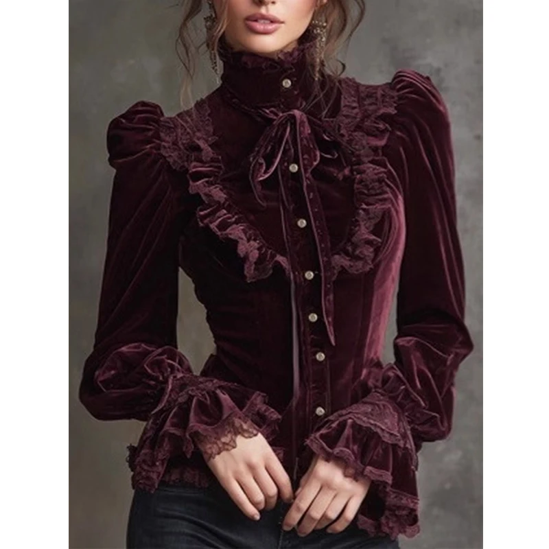 

Gothic Gorgeous Vintage Elegant Women's Velvet Blouse High Neck Ruffle Lace Trim Puff Sleeve Button Shirt Party Slim Fit Top