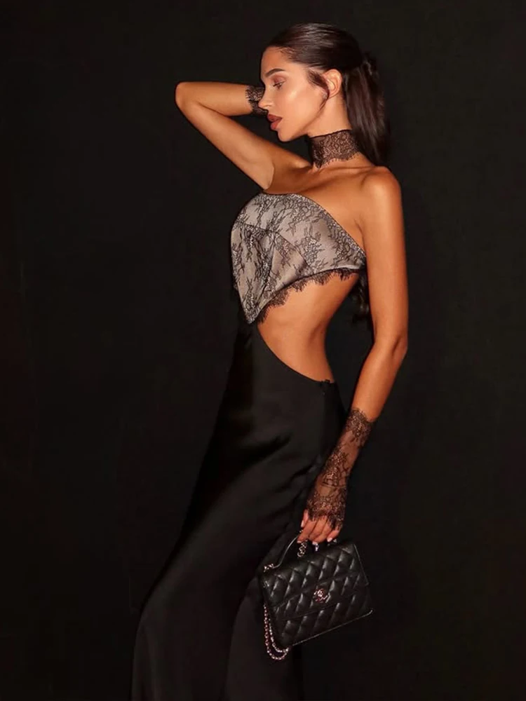 CNYISHE ホローアウト ストラップレス レース パッチワーク ヒップラップ セクシー クラブ レディース ドレス シース ボディコン ファッション 女性用衣装 パーティー スリム