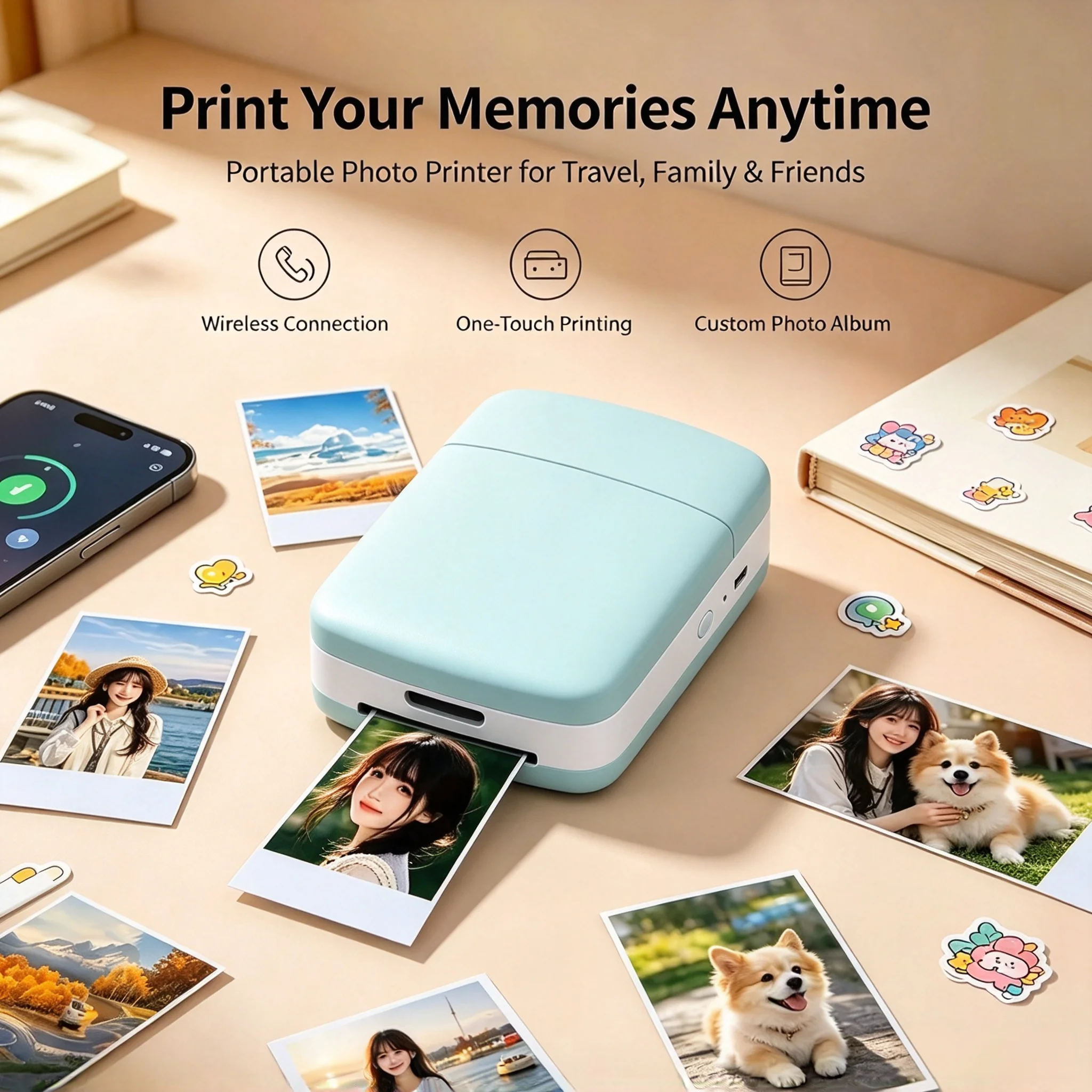 Bluetooth Desktop Portable Photo Printer FI202,600DPI Wireless Thermal Mini Pocket Printer for Home, Travel, DIY Scrapbook& Gift