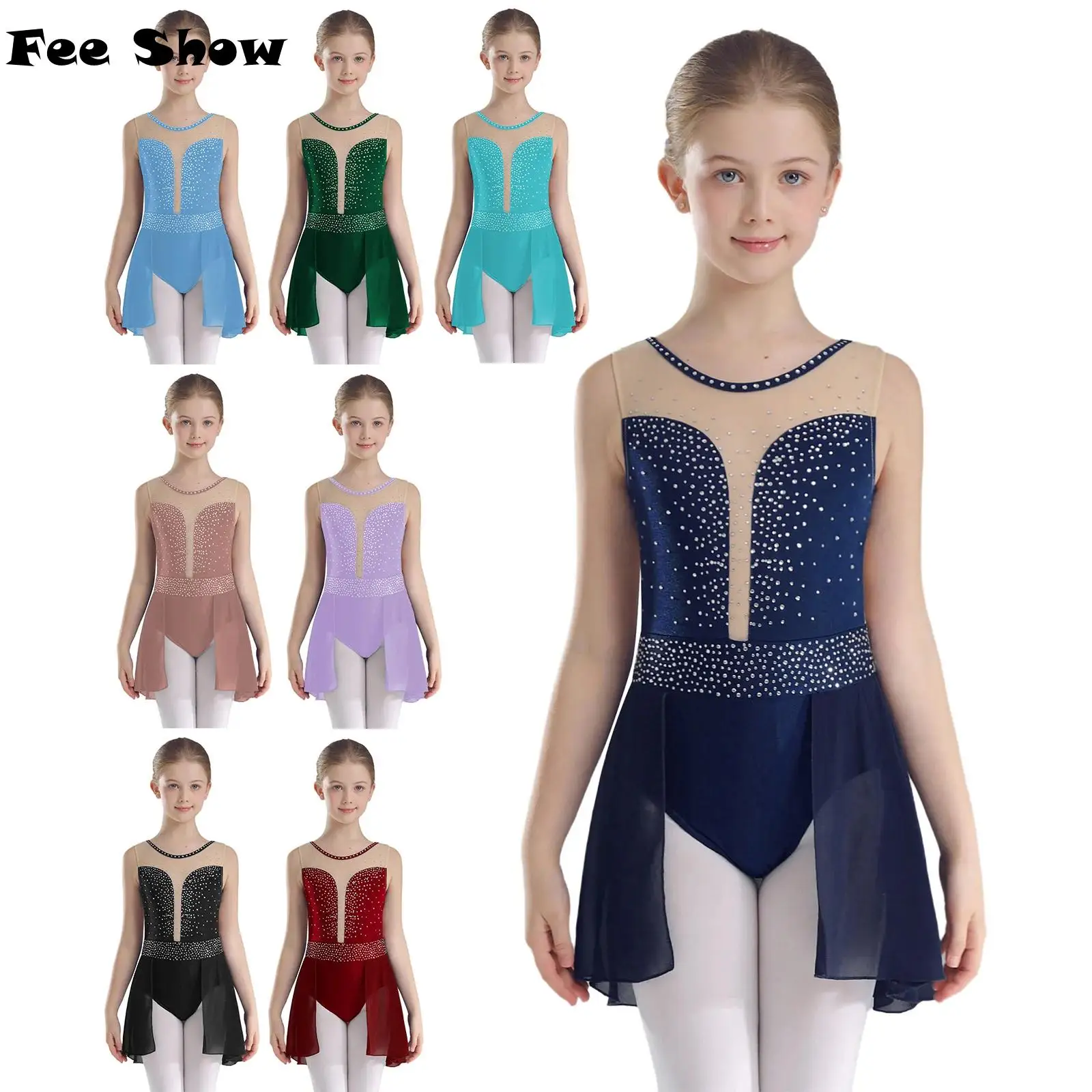 

Kids Girls Lyrical Dance Dress Sparkly Rhinestones Crisscross U Back Gymnastics Leotard Figure Skating Dress Dancewear