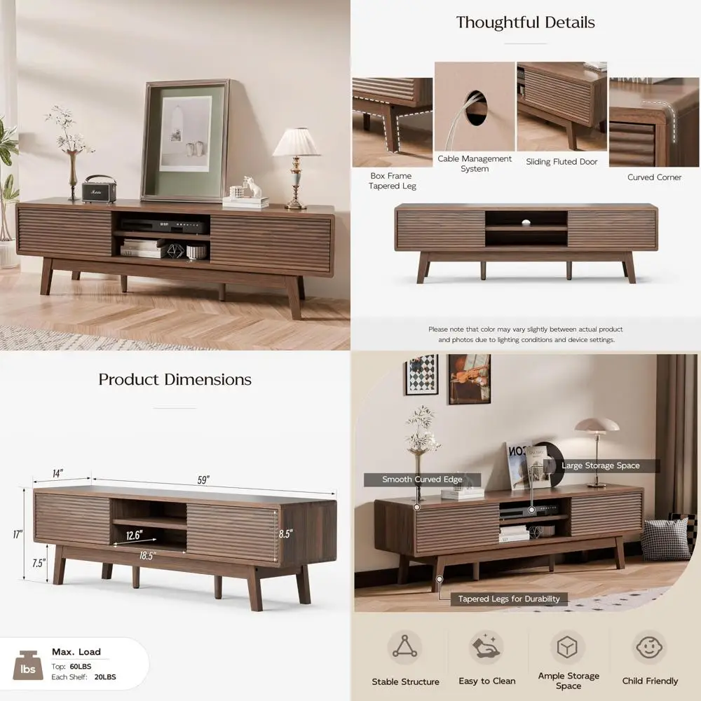 mid-century modern media console for 55-65 inch tvs with low profile and fluted sliding doors in bohemian light wood style