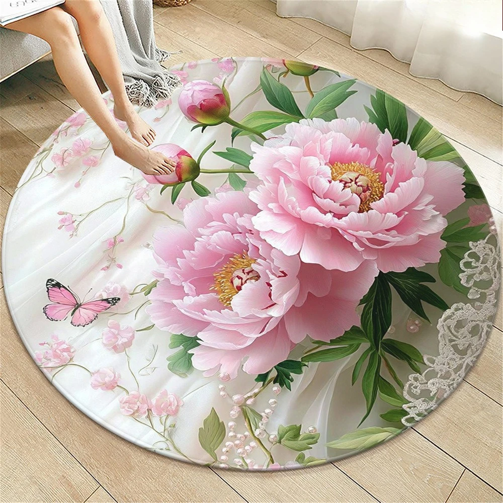 Elegant Watercolor Peony Flower Circular Area Rug  Pink Butterfly Lace Print Anti Slip Round Doormat Aesthetic Girly Indoor Rug