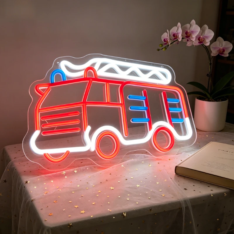 

Fire Truck LED Neon Light Cartoon Design for Bedroom Kids Room Home Party Decor Creates Cozy Romantic Atmosphere Unique Gift