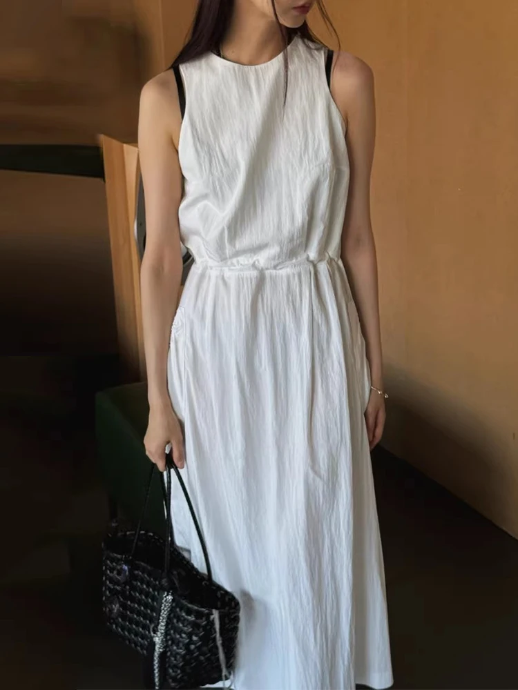 Chique verão sem mangas sem costas em torno do pescoço colete vestido f cintura alta emaecimento design estilo corea...