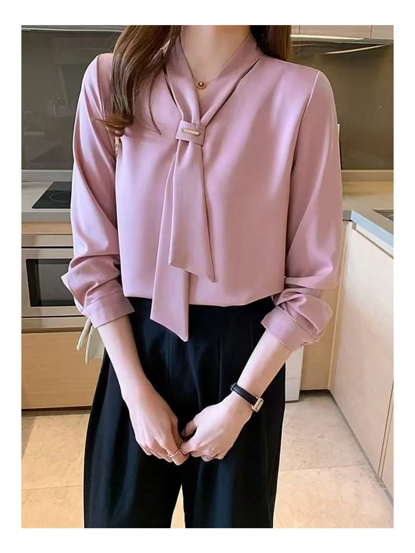 

Women Solid Color Casual Blouse With Bow Neck Long Sleeve