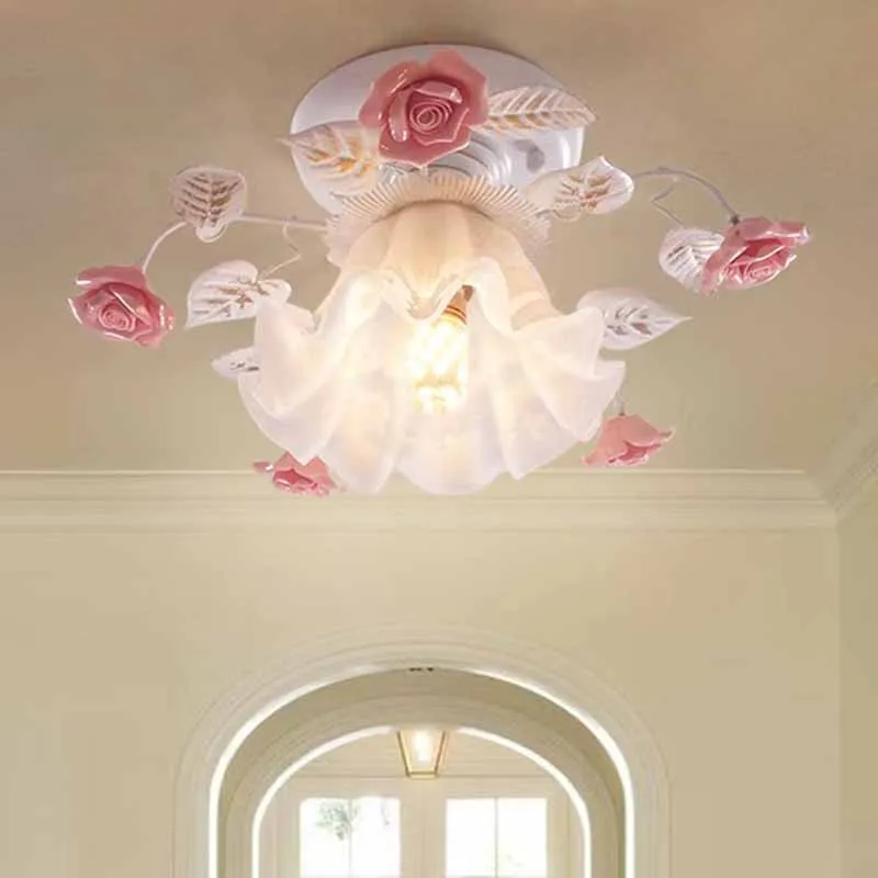 Japanese Pastoral Ceiling Lights Rose Wrought Iron Flower Lamp Porch Aisle Mount Ceiling Lamps kitchen Home Lighting 110-265V