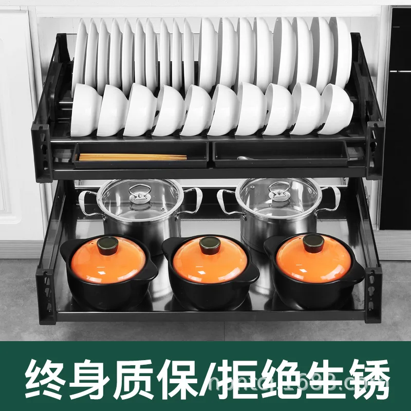 Cabinet basket kitchen 304 stainless steel basket double drawer type built-in dish rack damping mute buffer rail