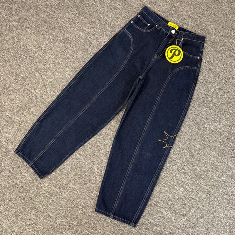 

High Quality Protect Jeans Streetwear New Blue Splicing Loose Straight-leg Pants Casual Embroidery Logo Denim Trousers