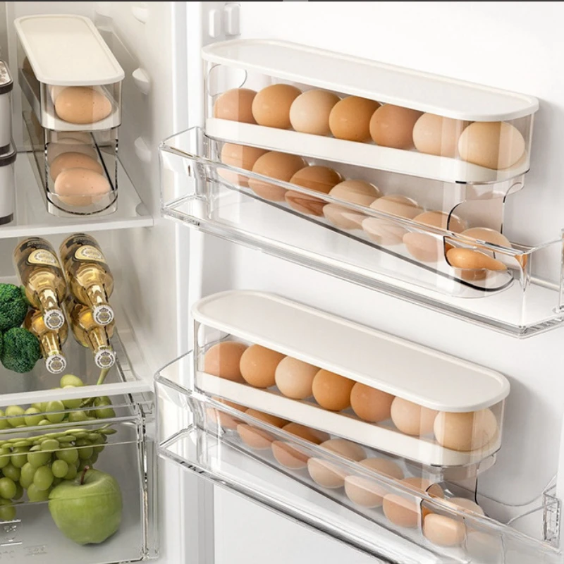 Rolling Double-layer Egg Storage Box  Refrigerator Side Door Storage Rack  Automatically Replenishes Eggs To Save Space