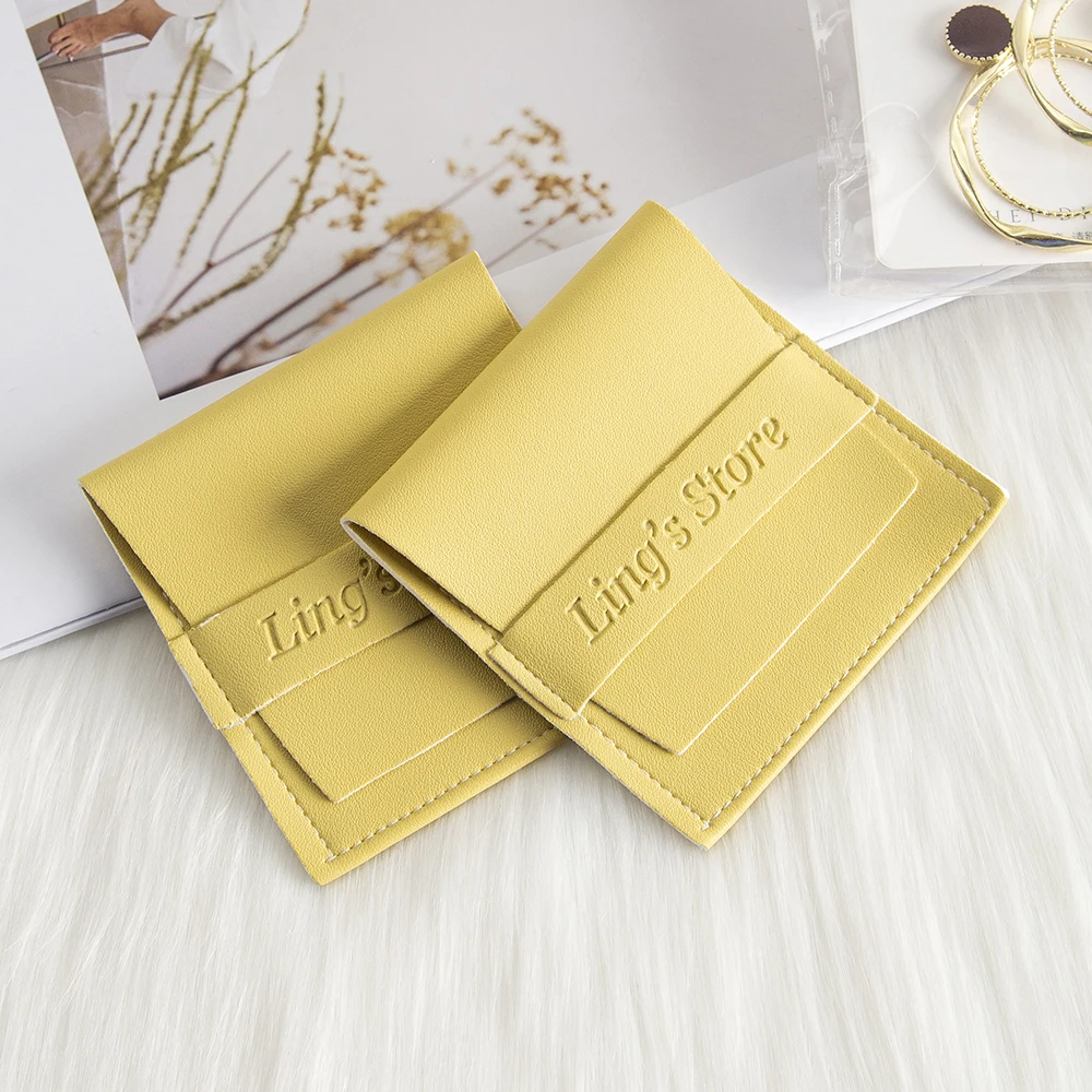 Lovely Yellow PU Leather 8x8cm Jewelry Gift Bag Ring Earring Bracelet Pendant Bracelet Coin Key Envelope Flap Custom Logo Pouch