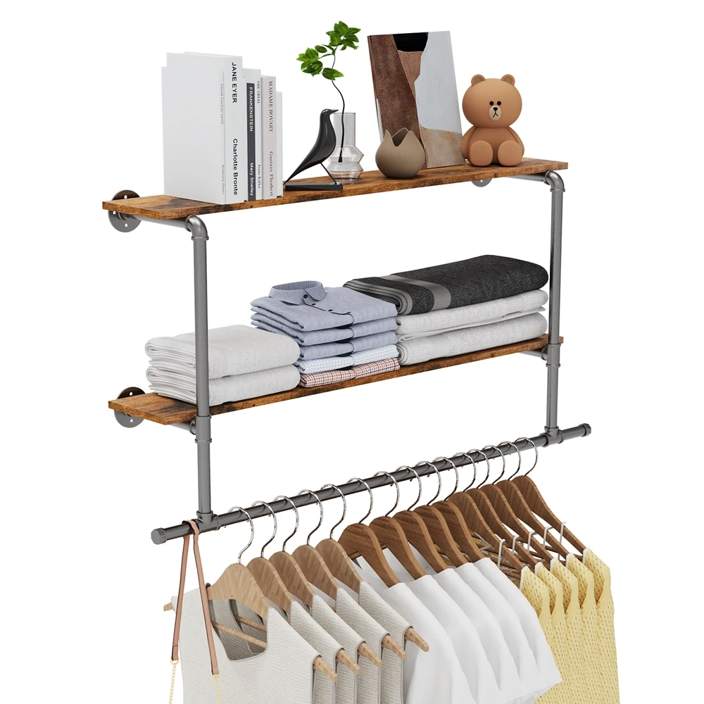 2 in 1 Industrial Pipe Clothes Rail Floating Wall Mounted Hanging Display Shelf