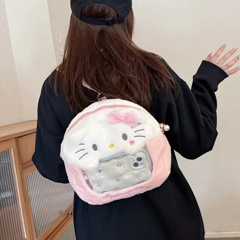 

Xiuya Cute Shoulder Bag for Women Hello Kitty Plush Fluffy Lolita Jk Transparent Ita Bag Casual Fashion Cartoon Kawaii Backpack