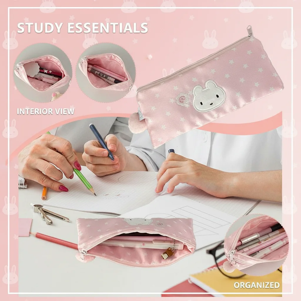 Niedliches Rosa Cartoon-Stern-Kaninchen Plüsch-Federmäppchen mit Großer Kapazität und Reißverschluss-Design für Schüler zur Aufbewahrung von Schreibwaren