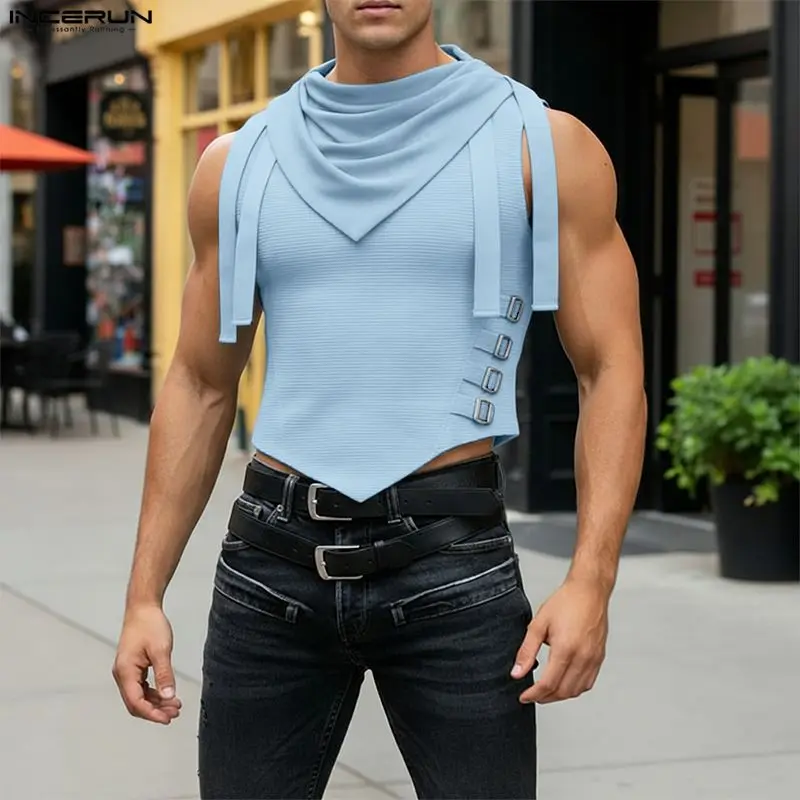 Men's Tank Tops Solid Color Summer Turtleneck Sleeveless INCERUN Male Irregular Vests Streetwear 2026 Fashion Casual Crop Tops