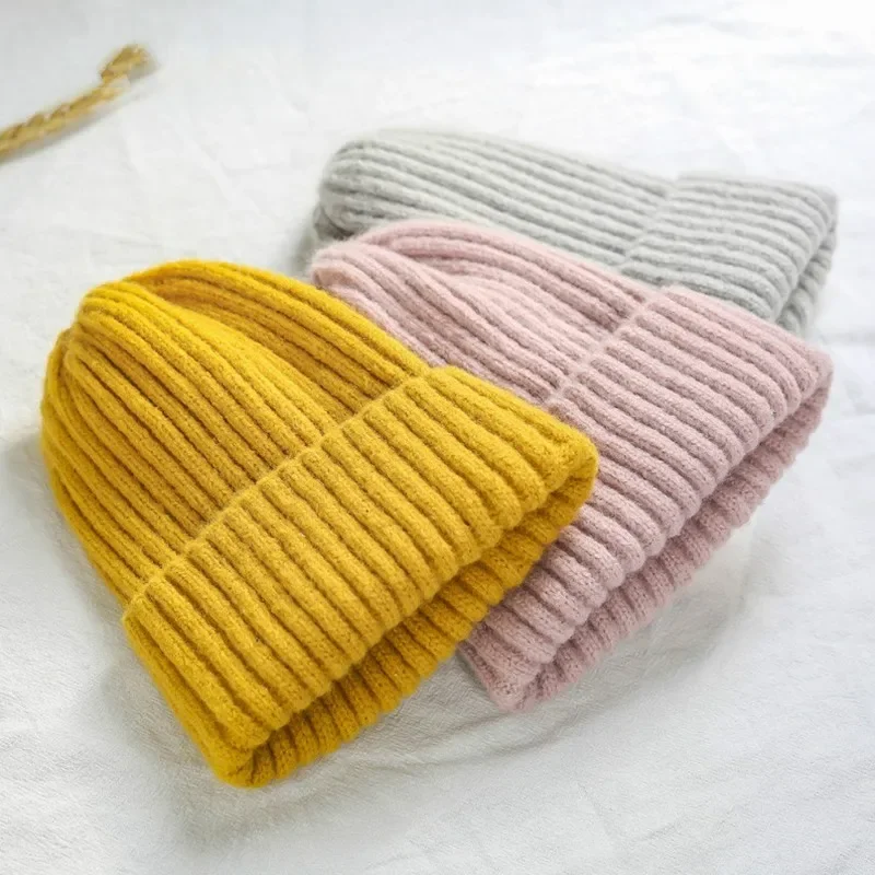 New Winter Solid Color Wool Knit Beanie Women Fashion Casual Hat Warm Female Soft Thicken Hedging Cap Slouchy Bonnet Ski