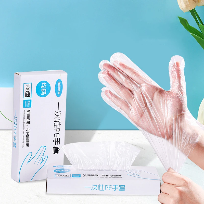 100pcs Latex Free Gloves PE Disposable Gloves Transparent Non-Slip Acid Work Safety Food Grade Household Cleaning Gloves