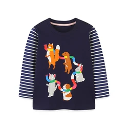 One Piece Autumn Children's Long Sleeved T-Shirt Casual Style Knitted Cotton Cartoon Animal Print Round Neck Base Shirt 2-7Y