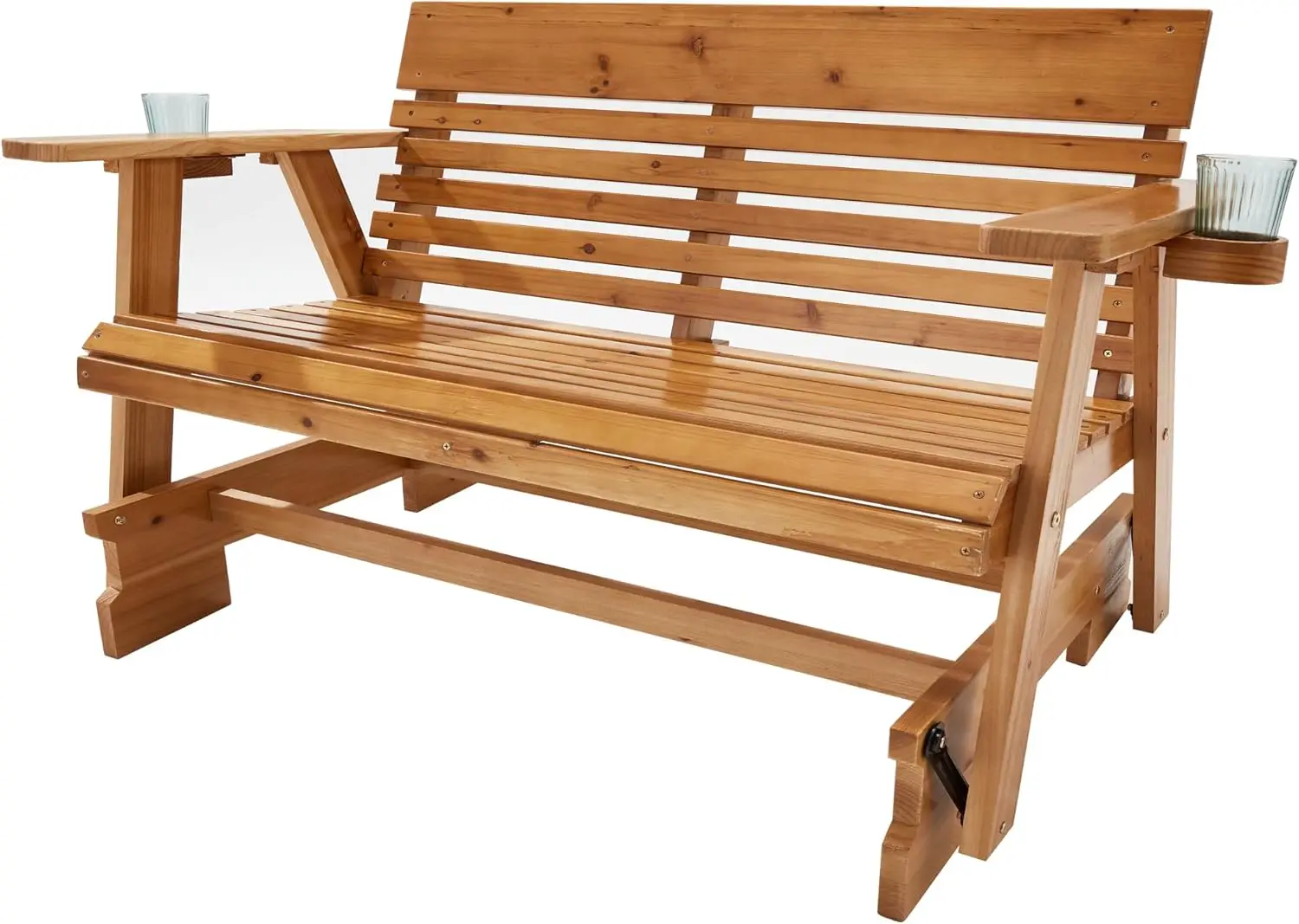 Wooden Patio Glider Bench with Cup Holders, Outdoor Loveseat Glider with Ergonomic Deep Contoured Seat