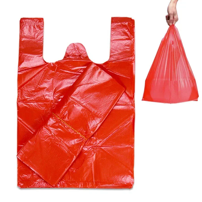 50 sztuk/partia plastikowa torba z uchwytem czerwona gruba kamizelka torby Supermarket sklep spożywczy prezent torba na zakupy do domu przybory kuchenne