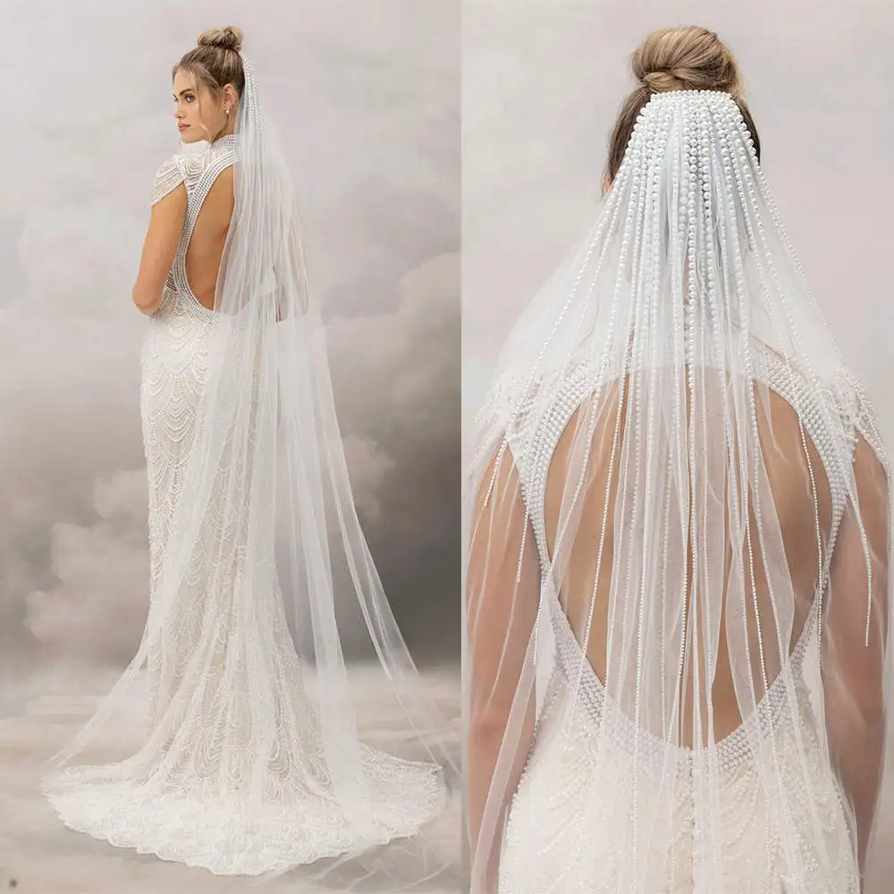 

Luxury Bridal Veils Women One-Layer Pearls Lace Edge Cathedral Veil Bride Complementos De BodaVelo De Novia Customized