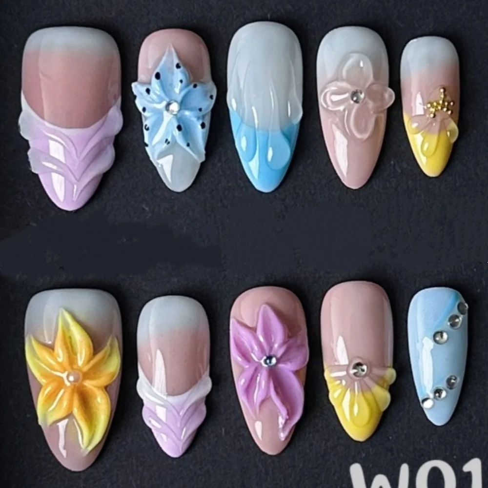 10 pièces fini à la main faux ongles Art portable rouge mi-long amande presse sur ongles conseils avec fleur conception faux ongles manucure