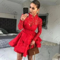 Customized New Classic Red Short Homecoming Dresses Lace Long Sleeves Cocktail Gowns High Neck Party Mini Length Tiered Skirt
