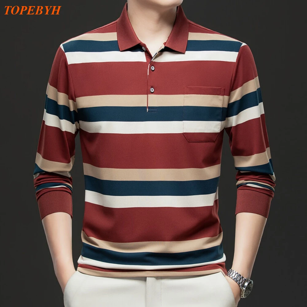 2025 New Mens Casual Tee Long Sleeve Sweatershirt Man Clothes  Pullover Tops Lapel Polo Mens Clothing