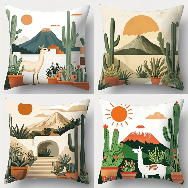 Bohemian Desert Cactus Llama Art Pillowcase Throw Cushion Cover Southwestern Boho Home Decor Accent Pillow