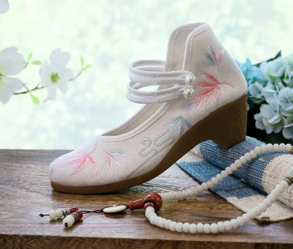 Women Ankle Button Strap Pumps Ethnic Embroidery Mary Jane Dress Shoes Mid Heel Cotton Fabric Espadrilles Vintage Sandals