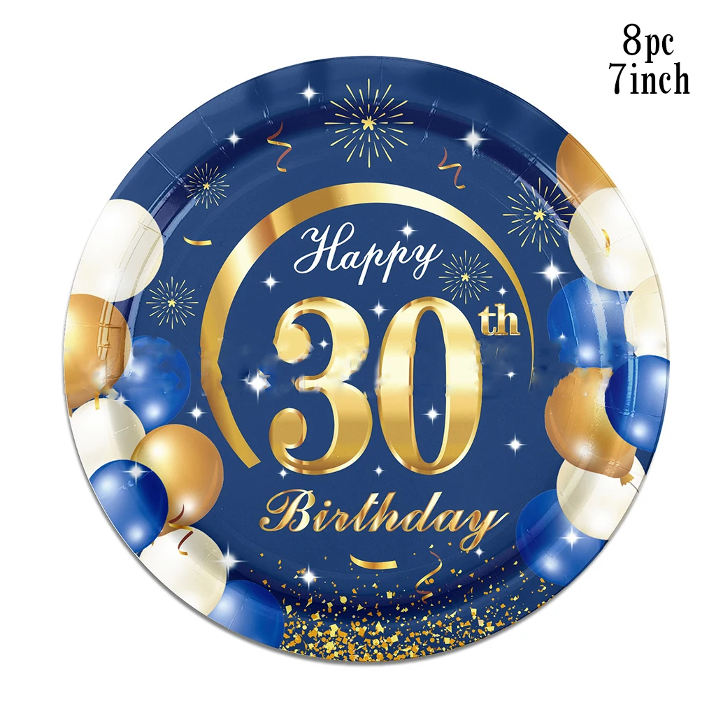 8Guests Blue Gold Happy 30th Birthday Disposable Tableware Cheer Balloon 30 Paper Plate Napkin Adult 30 Year Old Birthday Decor