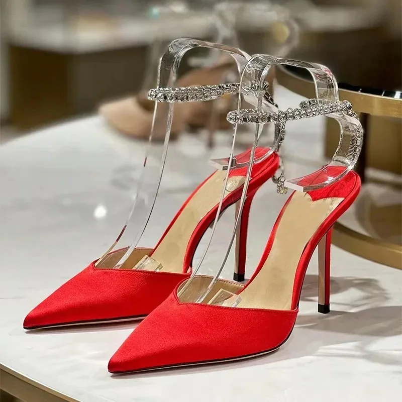 2025 New Spring/Summer Silk High Heel Crystal Pendant Water Diamond Chain Pointed Fine Heel Sexy Women's Sandals Wedding Shoes