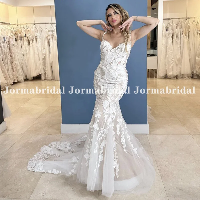 Vestido de novia de sirena con apliques florales, traje bohemio de tul con tirantes finos y cuello en V, 2023