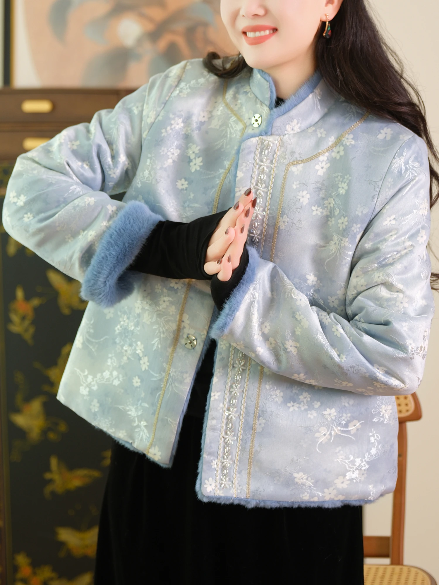 

Двусторонняя куртка с обильной отделкой, воротником из вельвета с узором «вишневые ветви», женская повседневная, свободного кроя, теплая