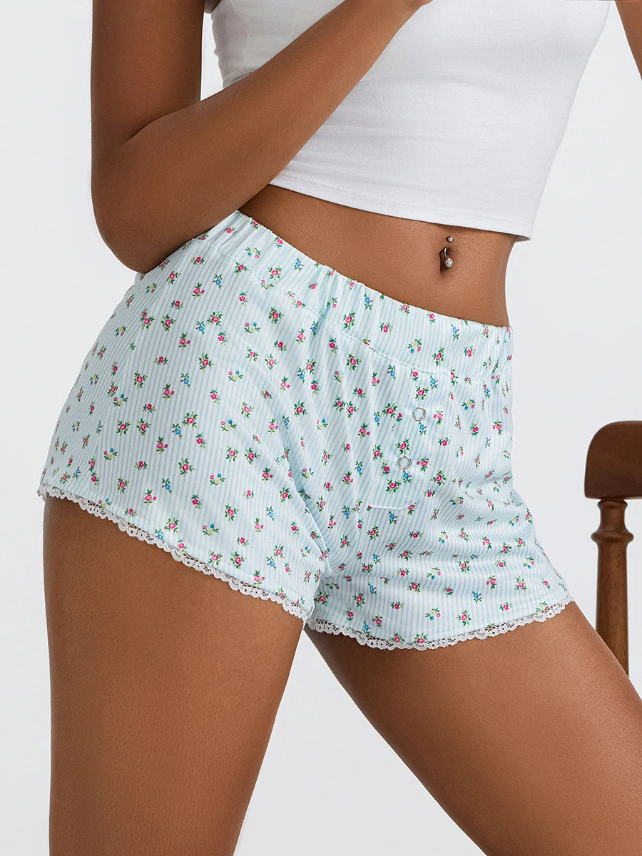 Women s Floral Shorts Casual Slim Fit Striped Lace Trim Elastic Waist Short Pants Summer Lounge Shorts